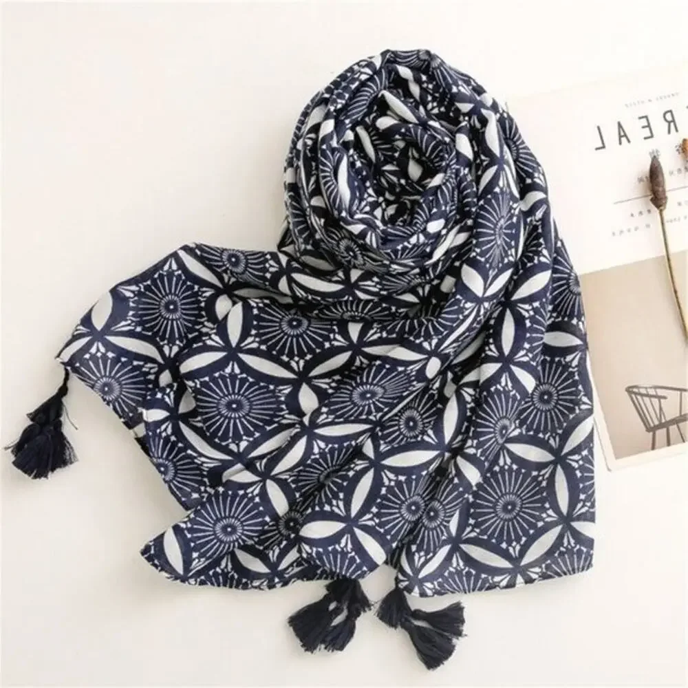 NEW Boho Exotic Tasseled Rectangle Soft Chic Scarf Large Navy Blue White